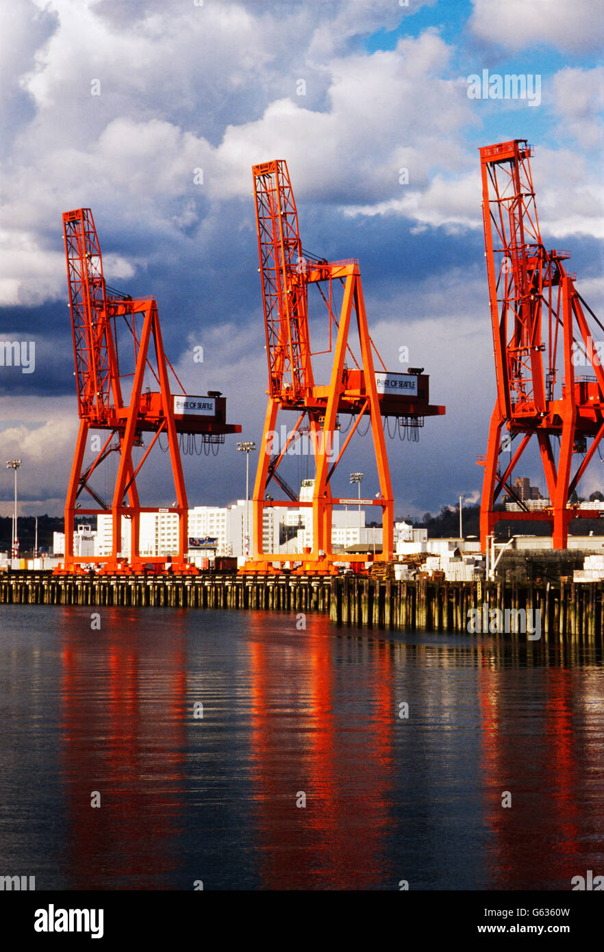 Grandes grúas usadas para cargar los buques portacontenedores; puerto de Seattle, Seattle, Washington, EE.UU. Foto de stock