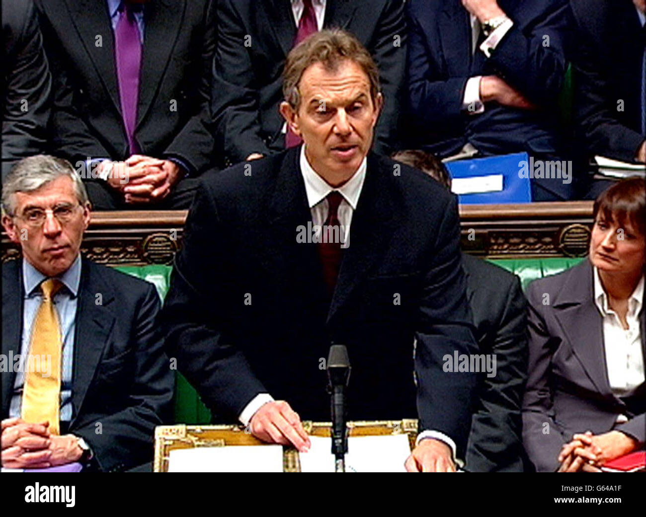 : captura de vídeo del primer Ministro Tony Blair dirigiéndose a la Cámara de los comunes sobre una posible guerra con Irak. Foto de stock