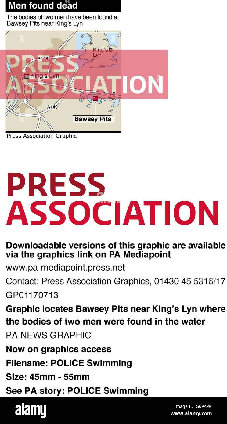 NATACIÓN DE LA POLICÍA. El gráfico localiza los pozos de Bawsey cerca de King's Lyn donde los cuerpos de dos hombres fueron encontrados en el agua Foto de stock