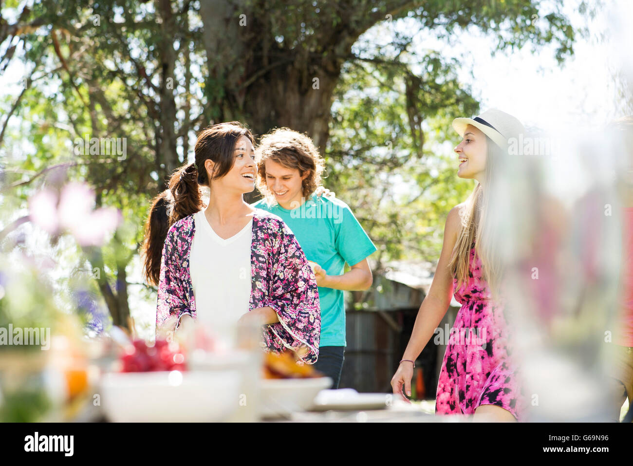 Sus amigos por mesa de picnic en el parque Foto de stock