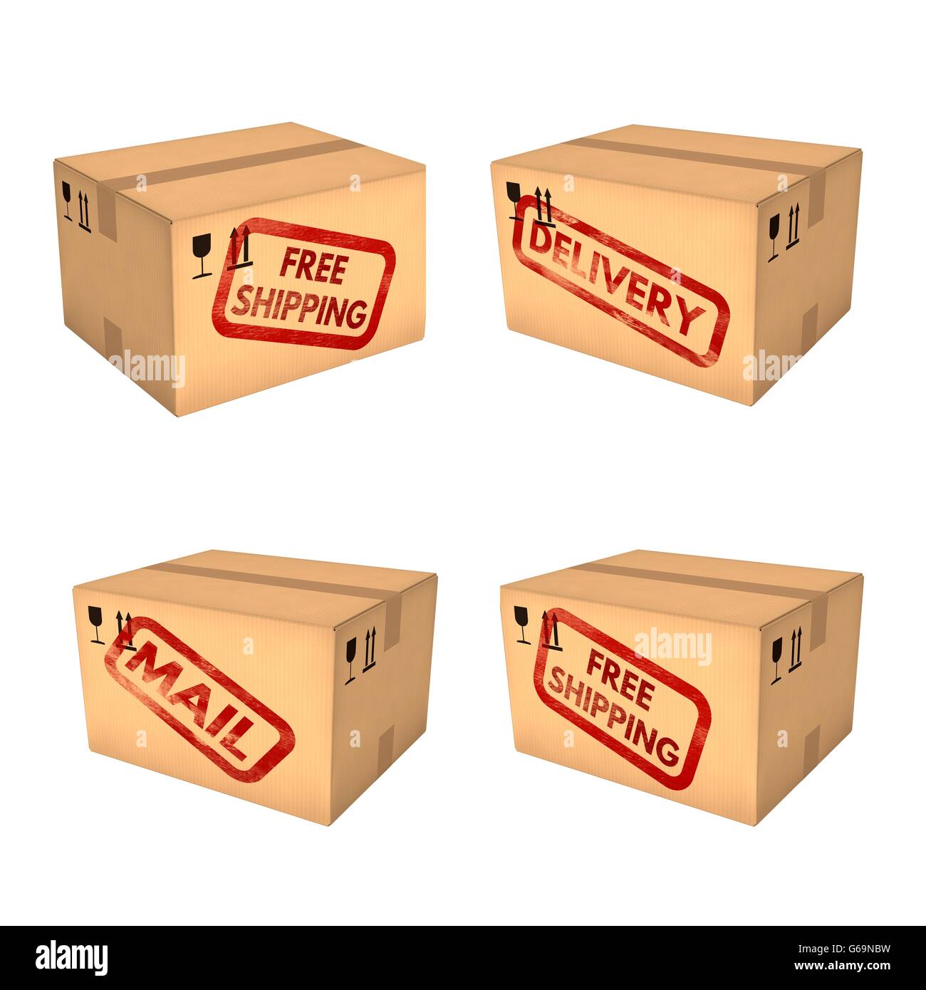 Cajas de envío. Gastos de envío gratis. Entrega de correo y etiquetas. Cajas  de cartón cerradas. Aislado sobre fondo blanco. Retail, logis Fotografía de  stock - Alamy