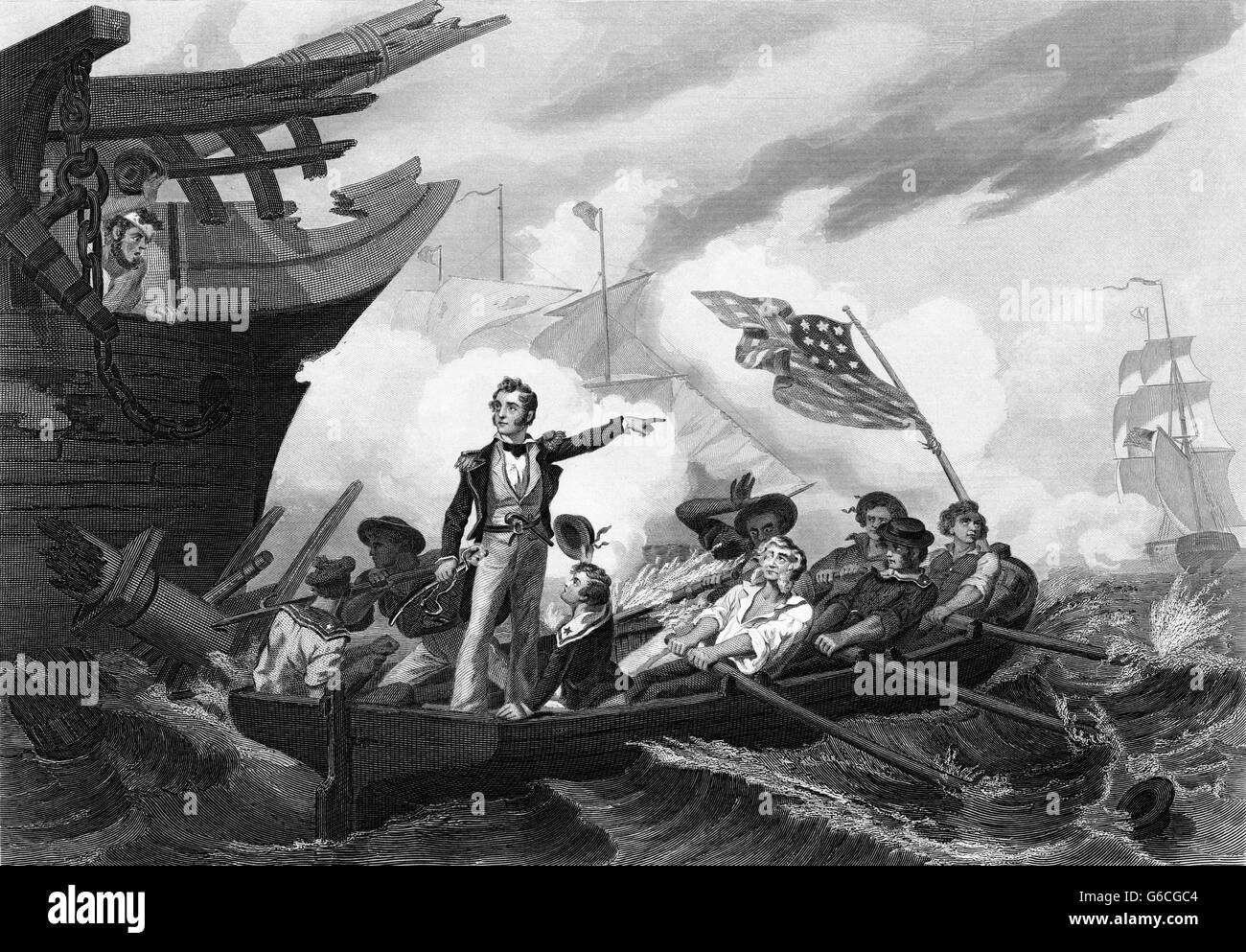 Septiembre de 1813 el Comandante principal peligro OLIVER PERRY transfiriendo de USS LAWRENCE A USS NIAGARA Batalla del lago Erie, GUERRA DE 1812 Foto de stock