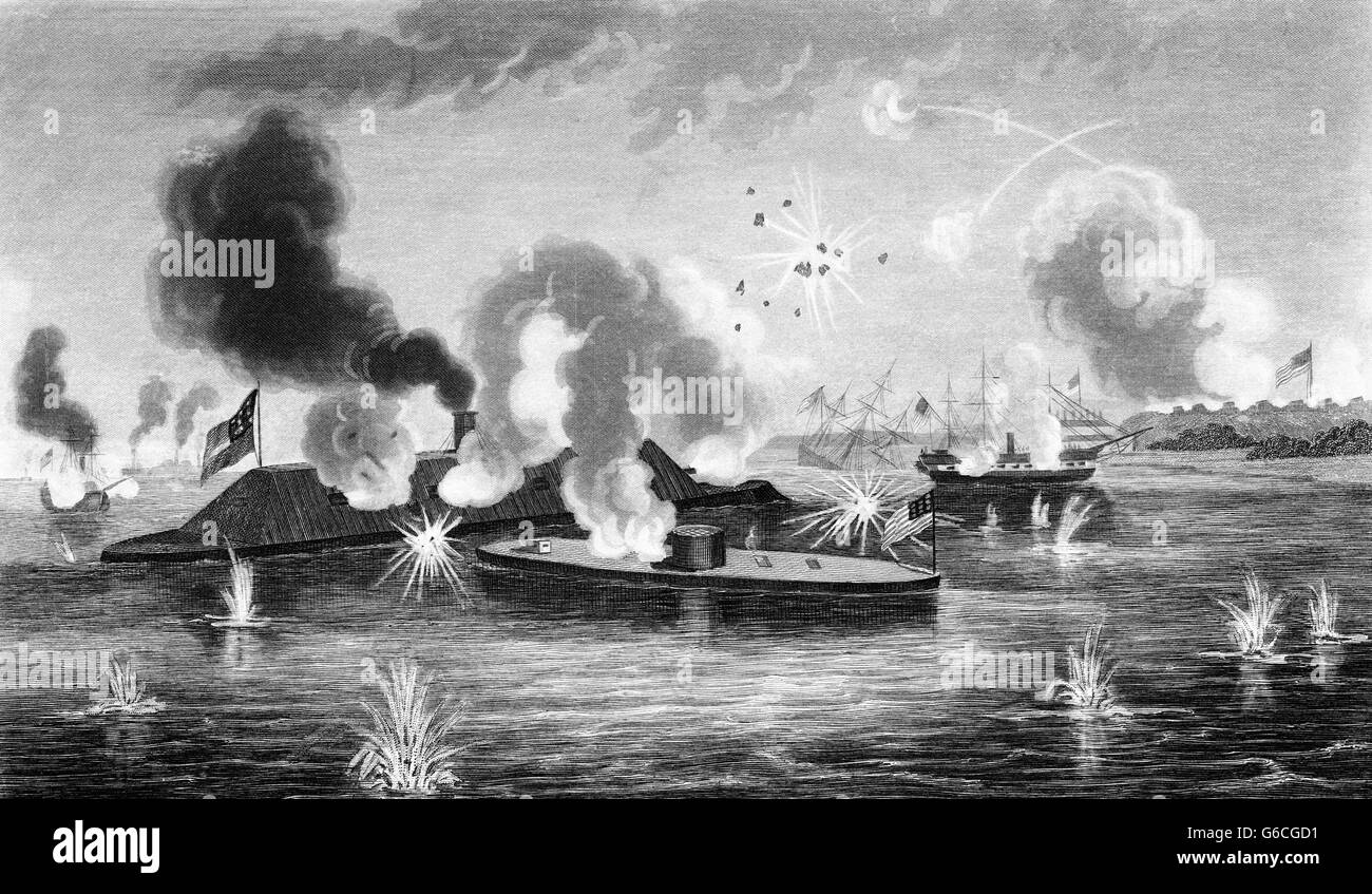 1860 El 9 de marzo de 1863 Combate Naval batalla entre el monitor y el Merrimack buques de hierro revestidos de Hampton Roads VA EE.UU. Foto de stock