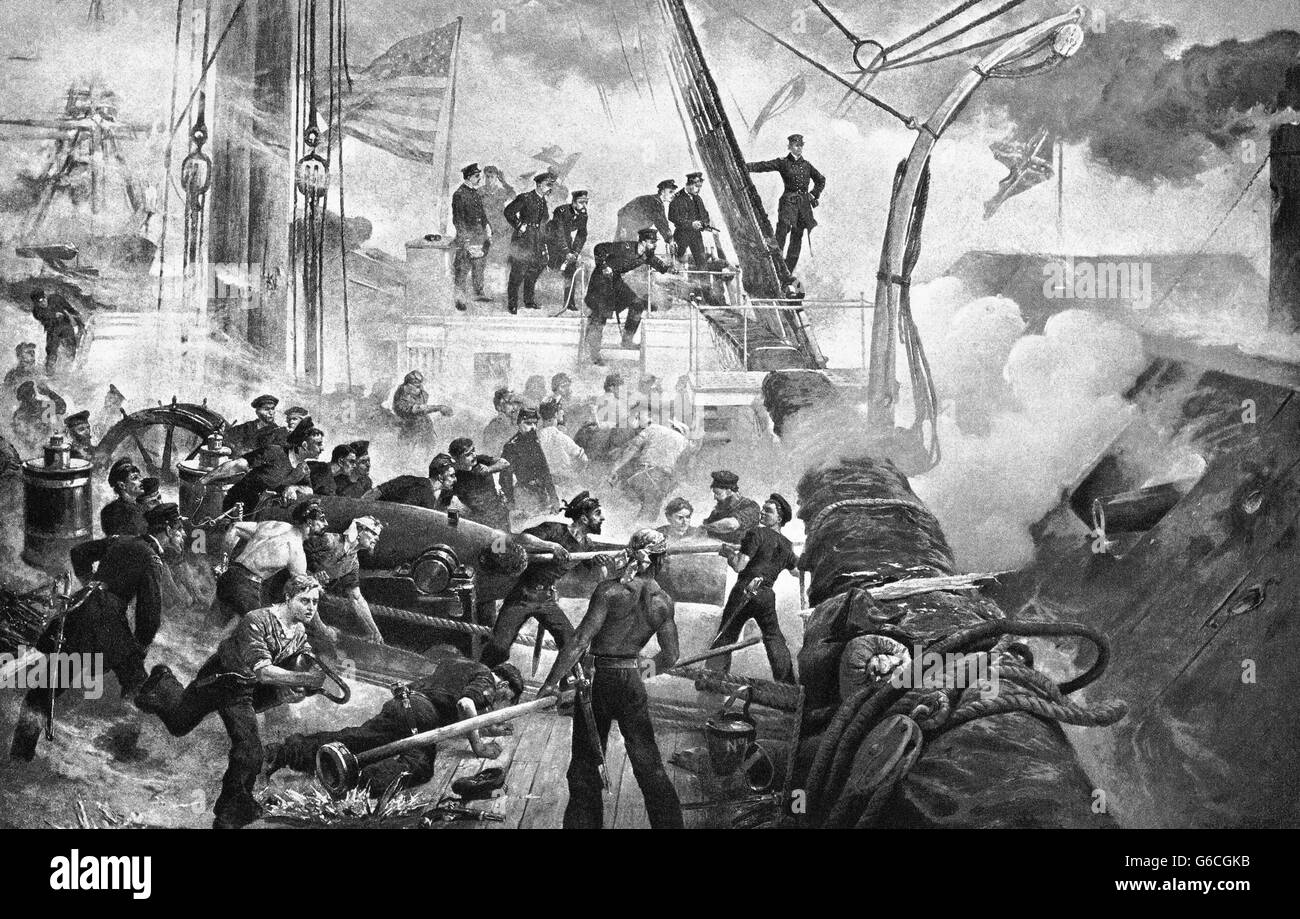 1860 El 5 de agosto de 1864, el Contralmirante DAVID G FARRAGUT durante la batalla de Mobile Bay desde la pintura por W.H.OVEREND Foto de stock