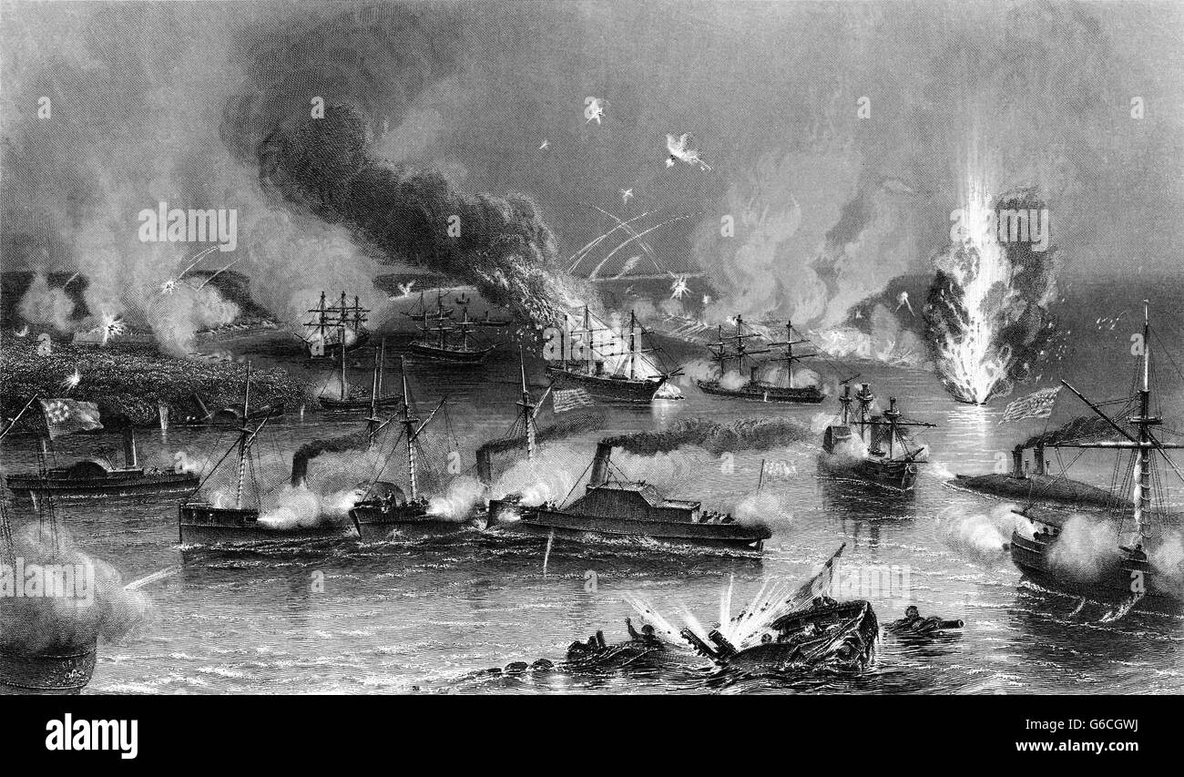 1860 Mayo 1862 CAPTURA DE NUEVA ORLEANS FLOTA FEDERAL PASANDO Río Mississippi fuertes Unión Naval VICTORIA Foto de stock