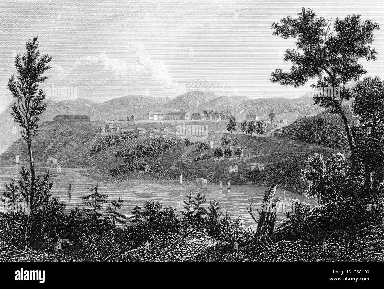 1830 1834 El grabado de la Academia Militar de West Point en Nueva York sobre el río Hudson Foto de stock