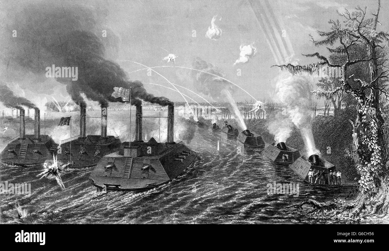 1860 El asedio y bombardeo isla número 10 y la pistola mortero botes en Kentucky recodo del río Mississippi, de febrero hasta abril de 1862 Foto de stock