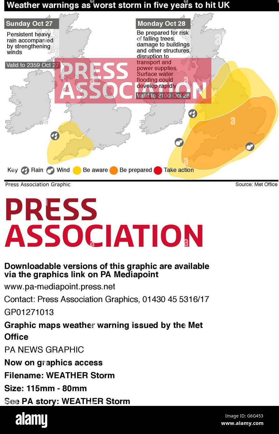 Mapas gráficos avisos meteorológicos emitidos por la Oficina de Met Foto de stock