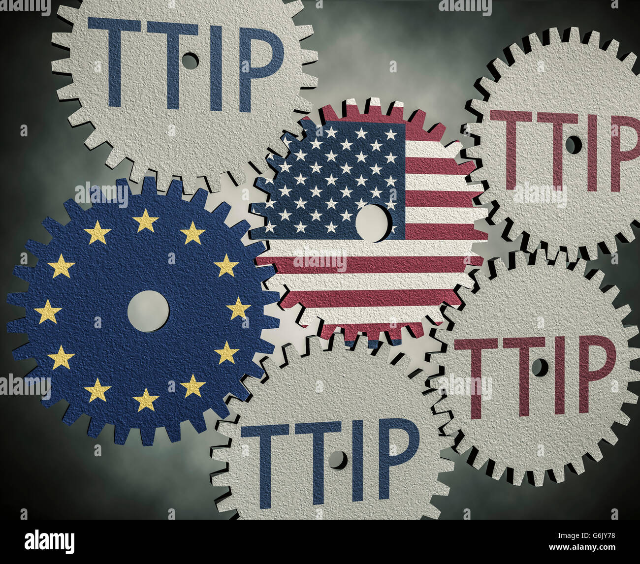 Ruedas dentadas con TTIP, UE y EEUU, gráficos por ordenador Foto de stock