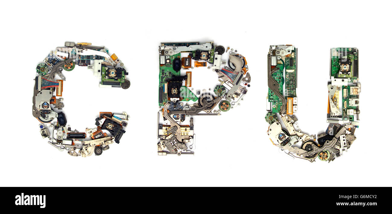 La palabra CPU hecha con letras que están hechas de piezas de ordenador