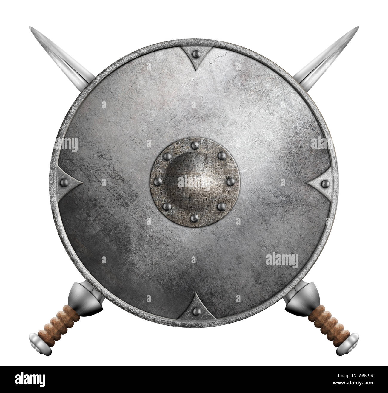 Gladiator metal escudo y dos espadas cruzadas aislado ilustración 3d Foto de stock