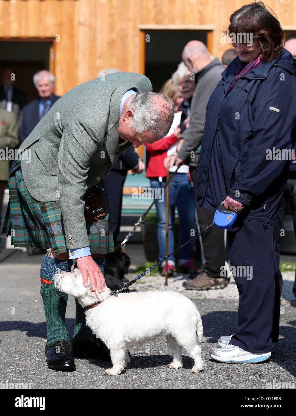 El duque de Rothesay visita Aberdeenshire. El duque de Rothesay patina a un perro durante una visita al parque ballater Caravan en Aberdeenshire. Foto de stock