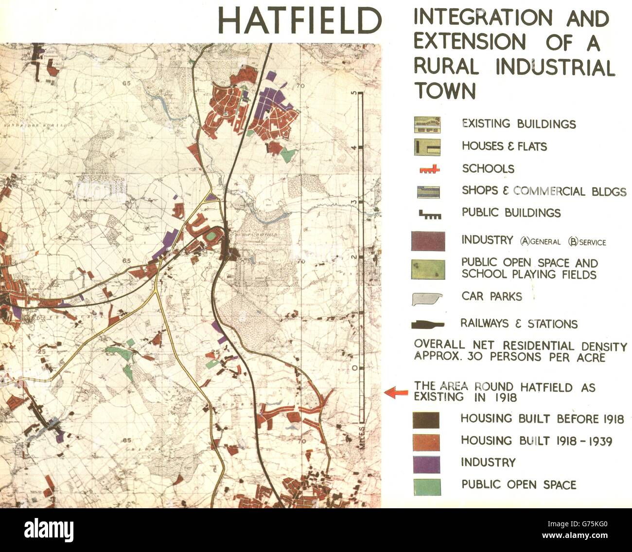 HATFIELD. Londres Plan de redesarrollo de posguerra Hertfordshire. ABERCROMBIE, 1944 mapa Foto de stock
