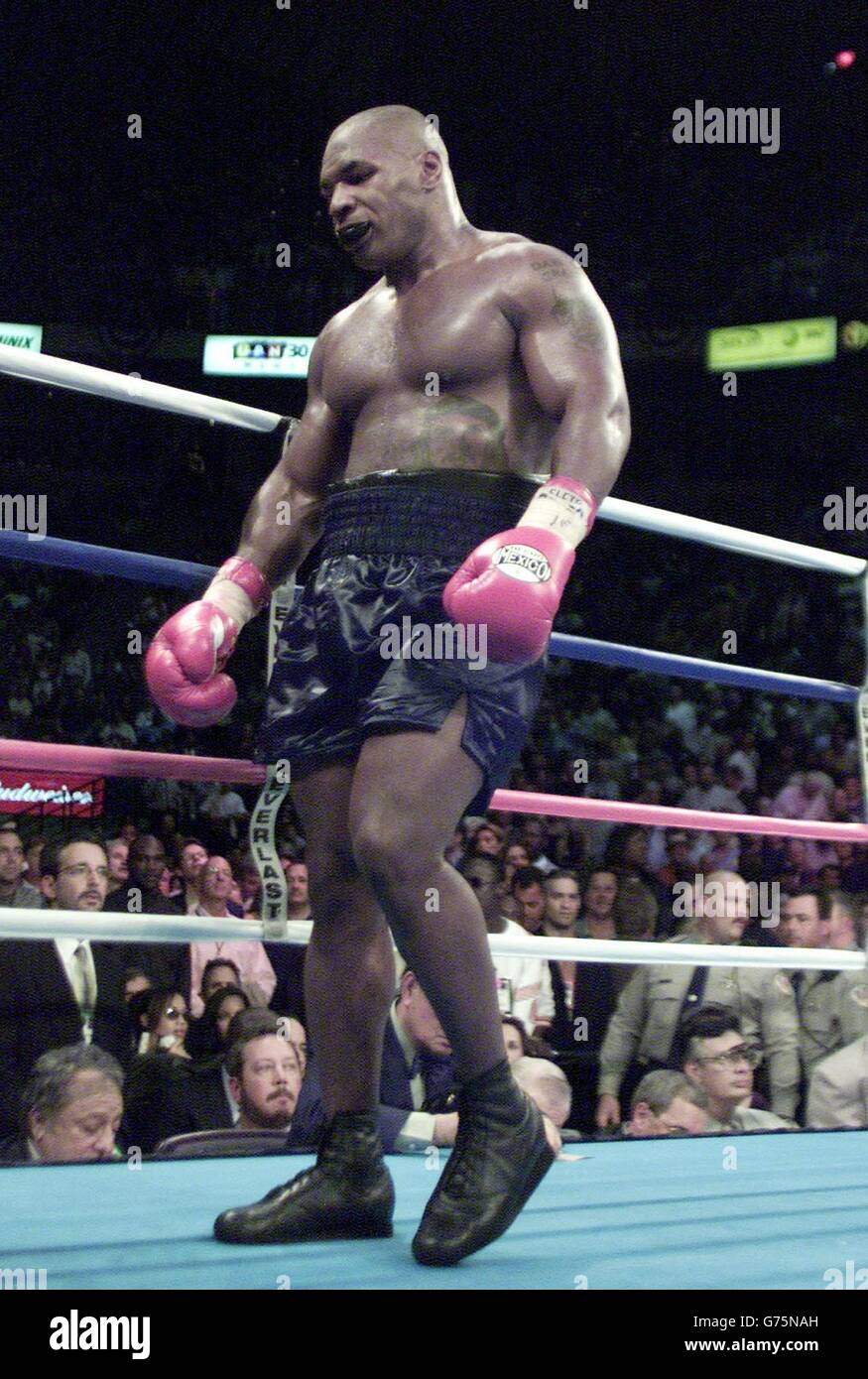 El desanimado retador Mike Tyson camina lentamente de vuelta a su esquina entre las rondas en la lucha contra el campeón de peso pesado Lennox Lewis en el estadio Pyramid Arena, Memphis. Foto de stock