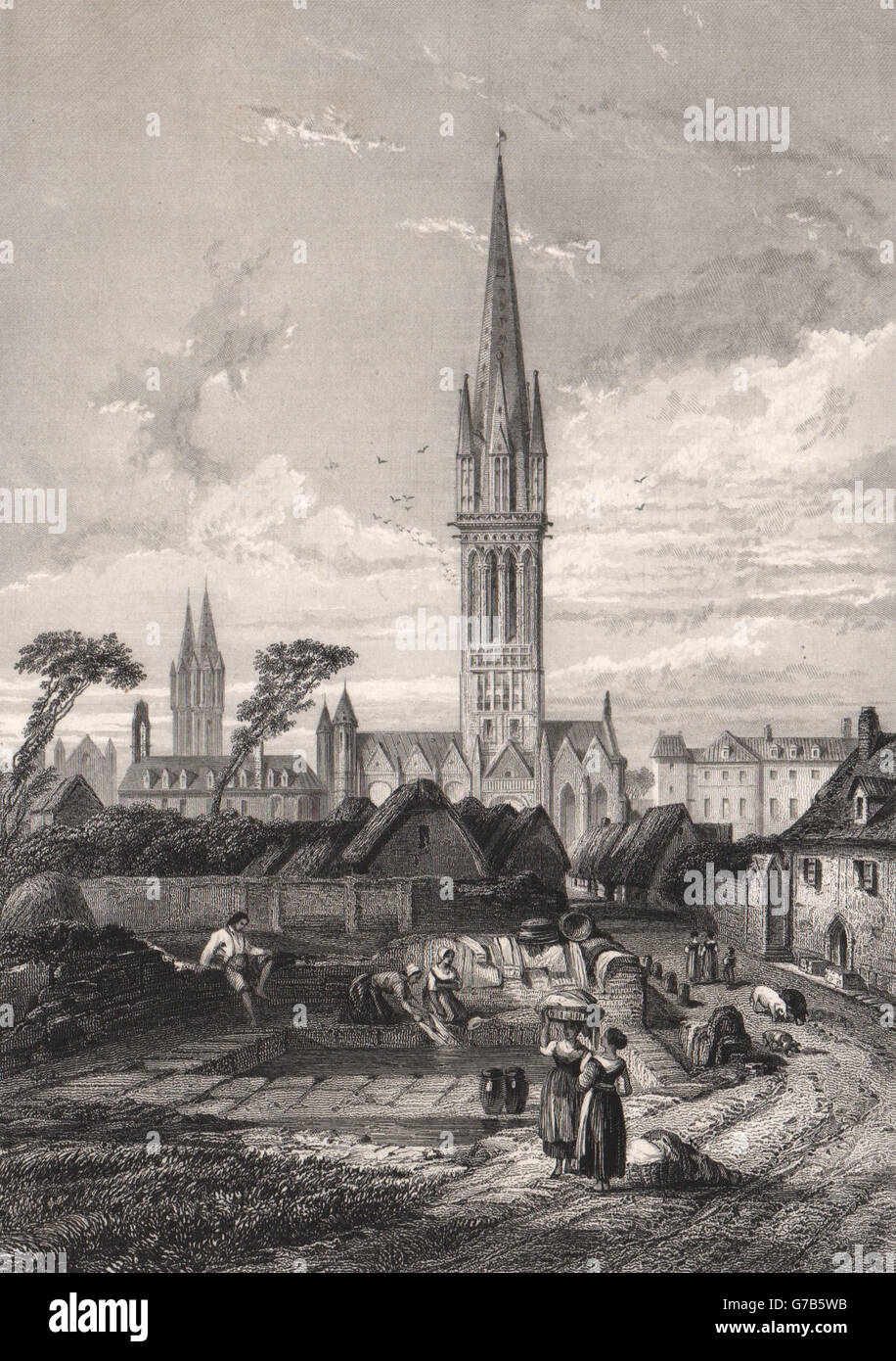 LE KREISKER. San Pol de Léon. Finistère, grabado antiguo 1844 Foto de stock