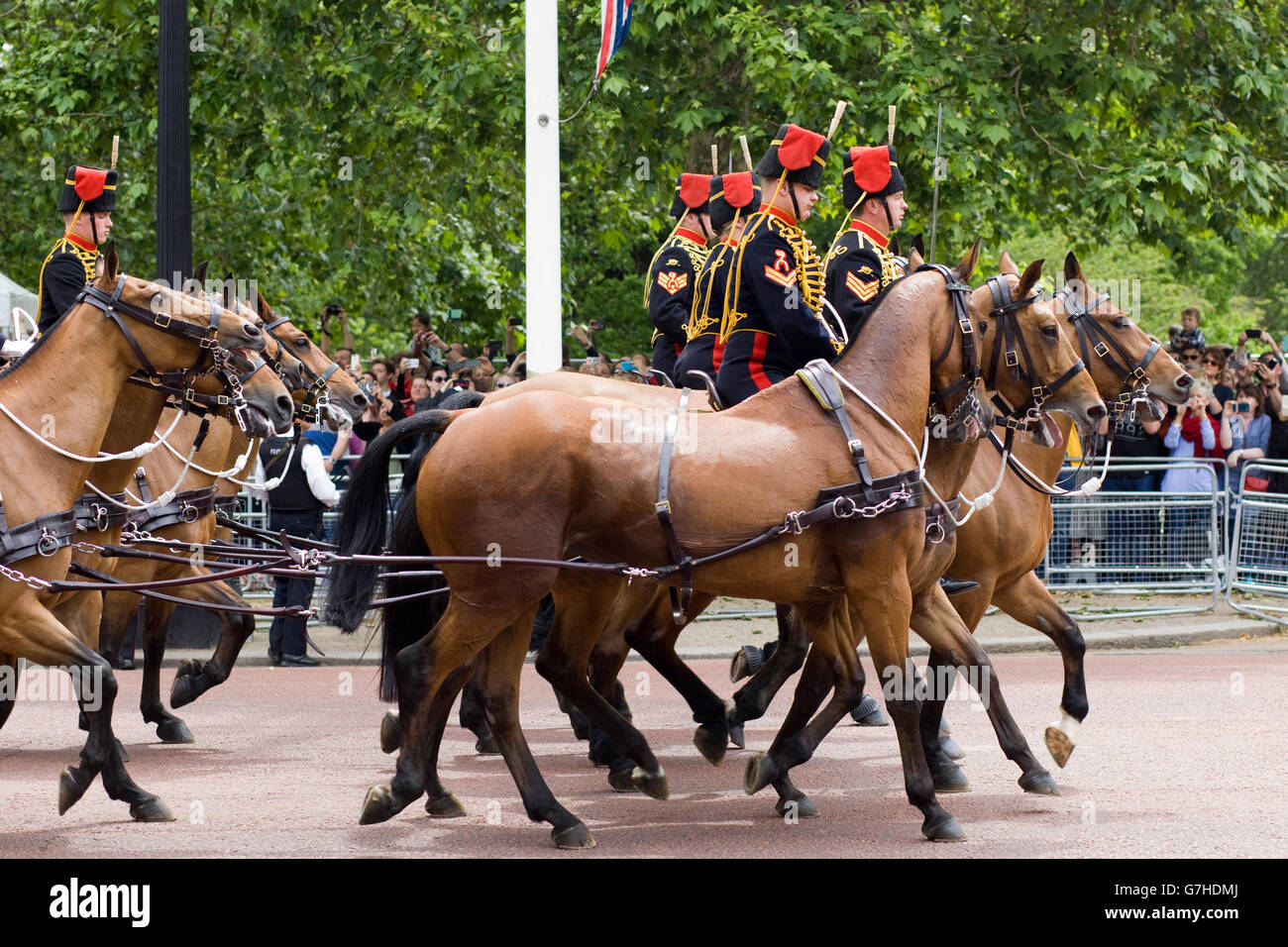 Los regimientos de la Royal Horse artillería en el mall de las Reinas 90 celebraciones de cumpleaños, las tropas de los reyes Foto de stock