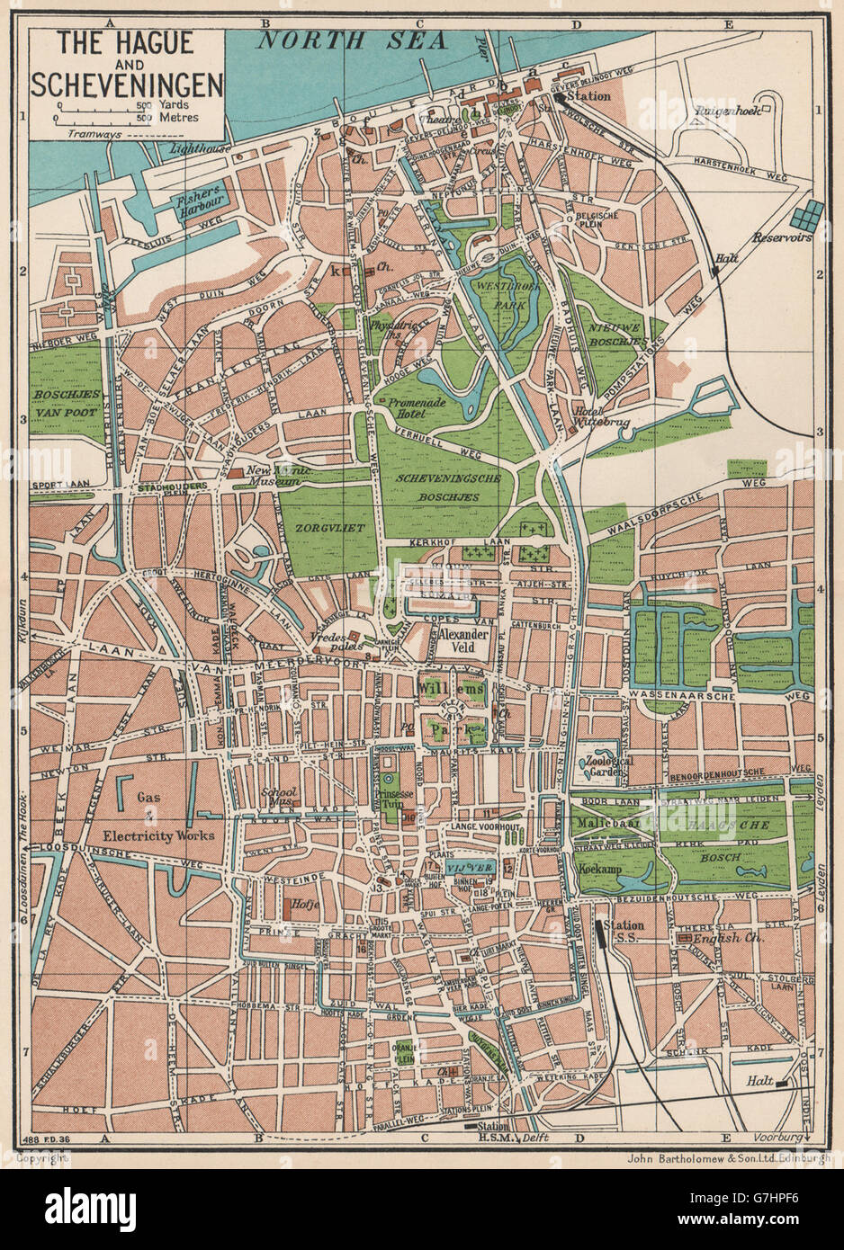 De La Haya y Scheveningen. Mapa de ciudad Vintage plan. Países Bajos, 1933. Foto de stock