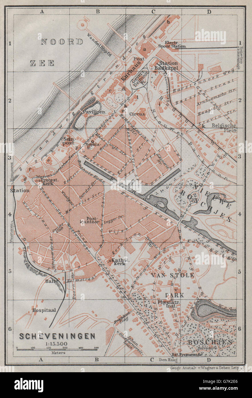 Ciudad de Scheveningen stadsplan. Den Haag La Haya. Países Bajos, 1910 mapa Foto de stock