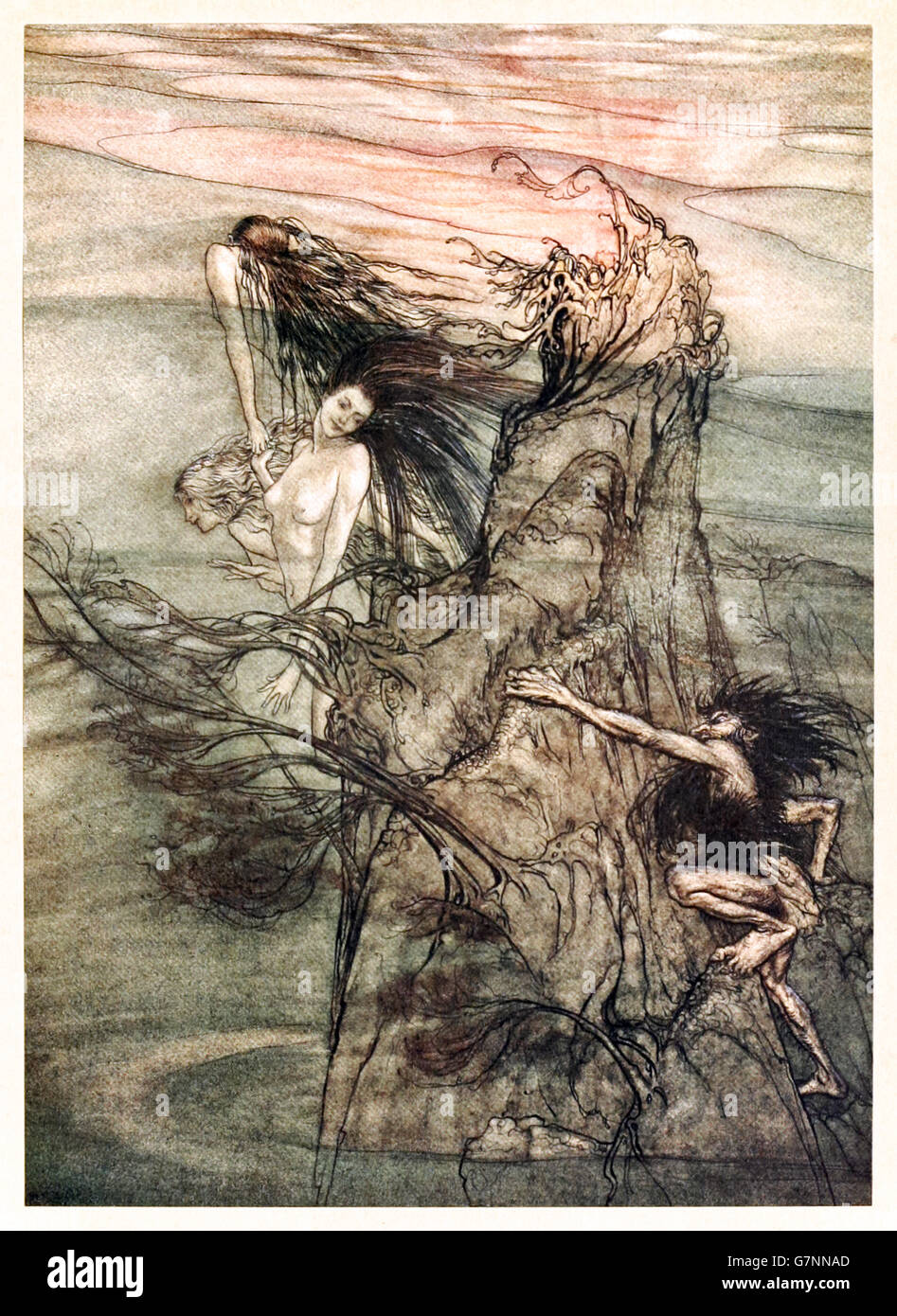 "Simulacro de distancia! Mock! La Niblung hace para su juguete!" de "El Oro del Rhin y la Valquiria' ilustrado por Arthur Rackham (1867-1939), publicado en 1910. Las Rhinemaidens tease Alberich, mientras que el pico de la roca comienza a brillar, este es el oro del Rin. Foto de stock