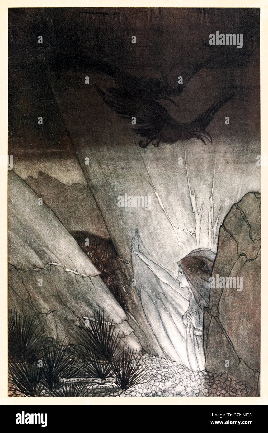 "Erda ofertas de ti cuidado" de "El Oro del Rhin y la Valquiria' ilustrado por Arthur Rackham (1867-1939), publicado en 1910. La diosa de la tierra Erda advierte a Wotan de muerte inminente y le insta a abandonar el anillo maldito. Foto de stock