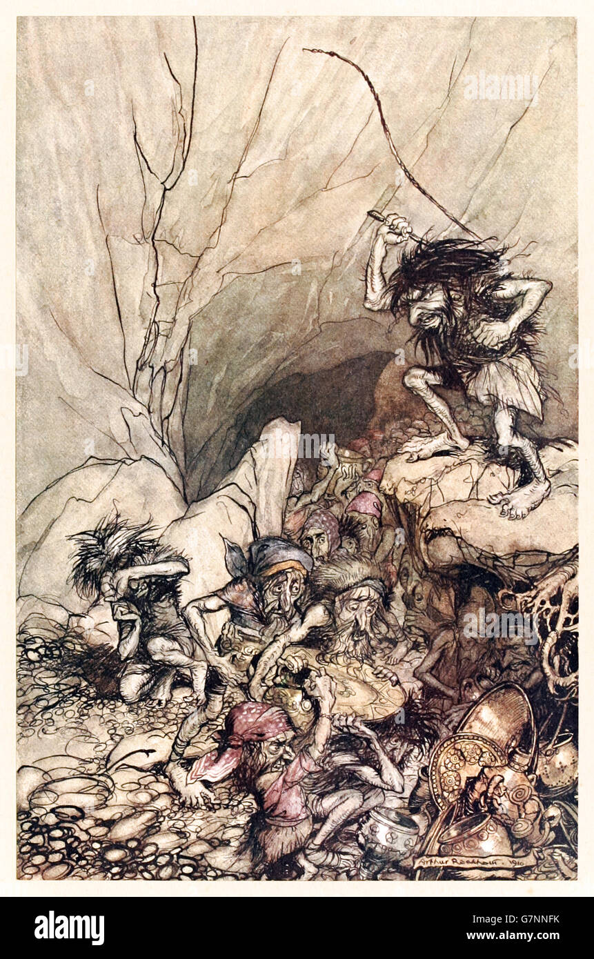 "Alberich unidades en una banda de Niblungs cargados de oro y plata tesoro" desde "El Oro del Rhin y la Valquiria' ilustrado por Arthur Rackham (1867-1939), publicado en 1910. En el Nibelheim, Alberich ha esclavizado al resto del Nibelungo enanos. Foto de stock