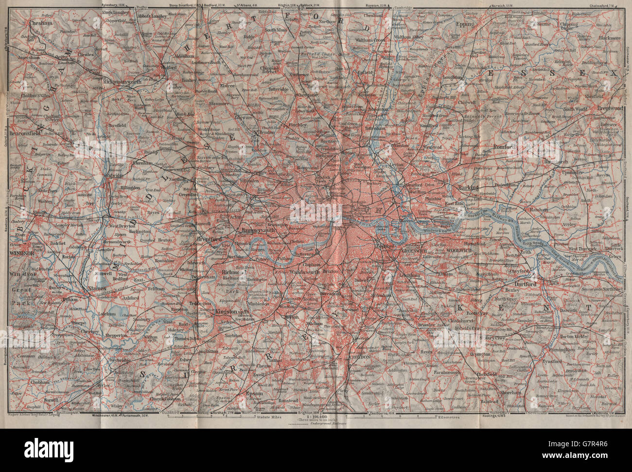 Londres y condados mostrando los ferrocarriles. BAEDEKER, 1930 vintage mapa Foto de stock