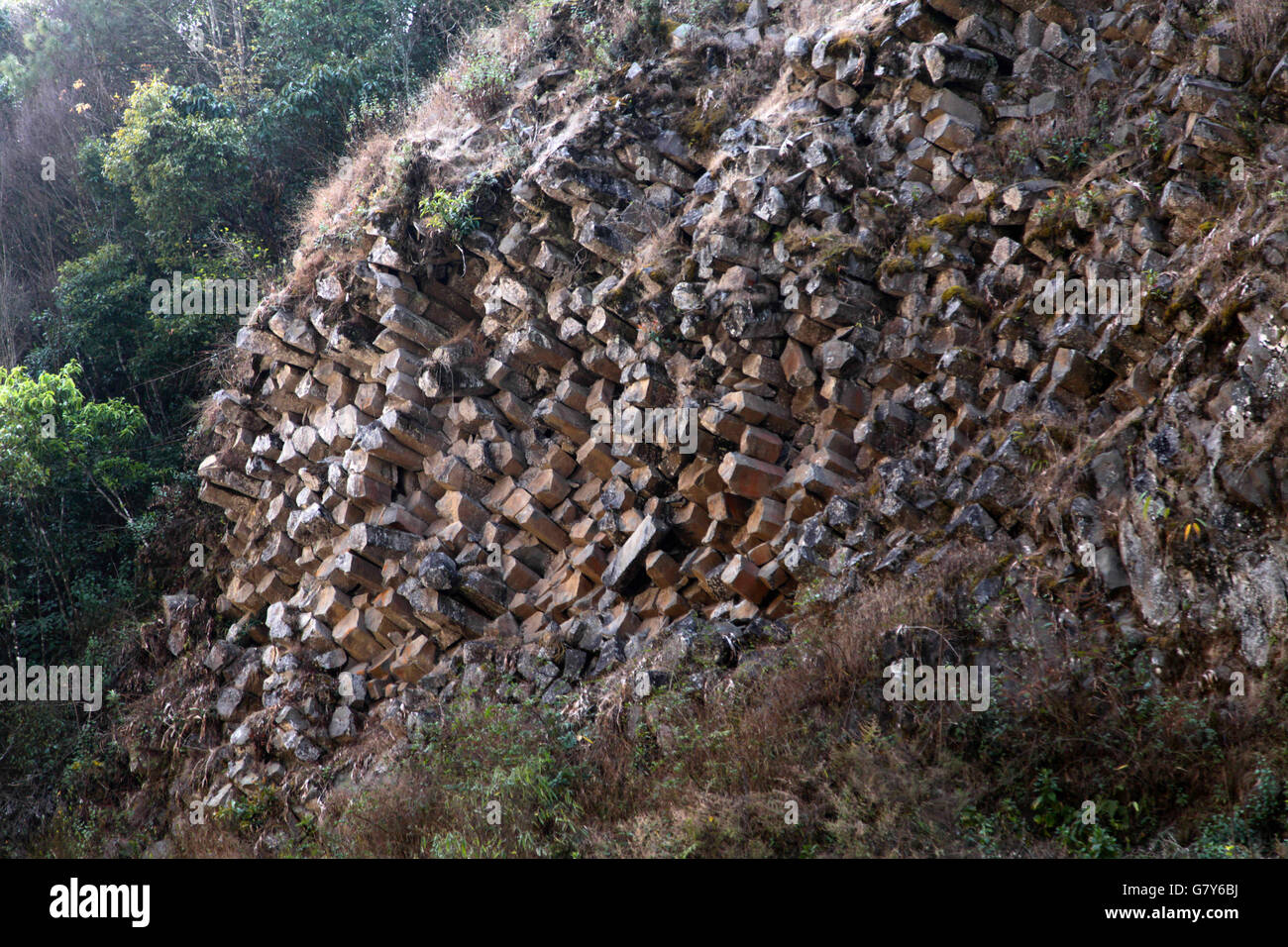 Tengchong, Tengchong, CHN. 13 Feb, 2016. Tengchong, China - El 13 de febrero de 2016: (Sólo para uso editorial. CHINA) engrapado columnar. Es una estructura geológica donde conjuntos de intersección fracturas poco espaciados, denominado juntas, dan como resultado la formación de una serie de prismas regulares poligonal, o columnas. Engrapado columnar ocurre en muchos tipos de rocas volcánicas y las formas como la roca se enfría y se contrae. Engrapado columnar puede ocurrir en los flujos de lava y refrigeración ashflow tobas (ignimbritas), así como en algunas intrusiones someras. © SIPA Asia/Zuma alambre/Alamy Live News Foto de stock