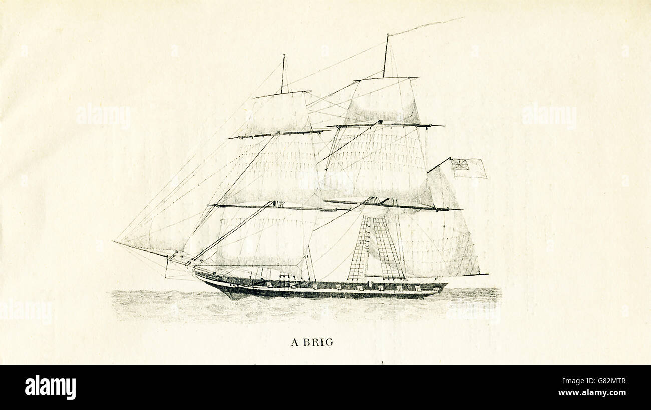 Retratada aquí es un bergantín. La ilustración se remonta a la década de 1800. Foto de stock