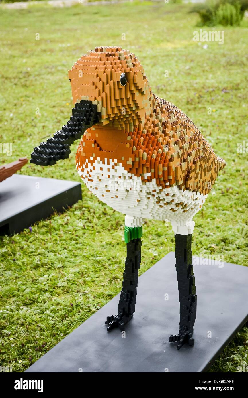 Una enorme escultura de LEGO de un sandpiper con cuchara en Wildfowl and Wetlands Trust Slimbridge, Gloucestershire, donde 10 animales de ladrillo de LEGO diseñados individualmente están en exhibición durante el verano. Foto de stock
