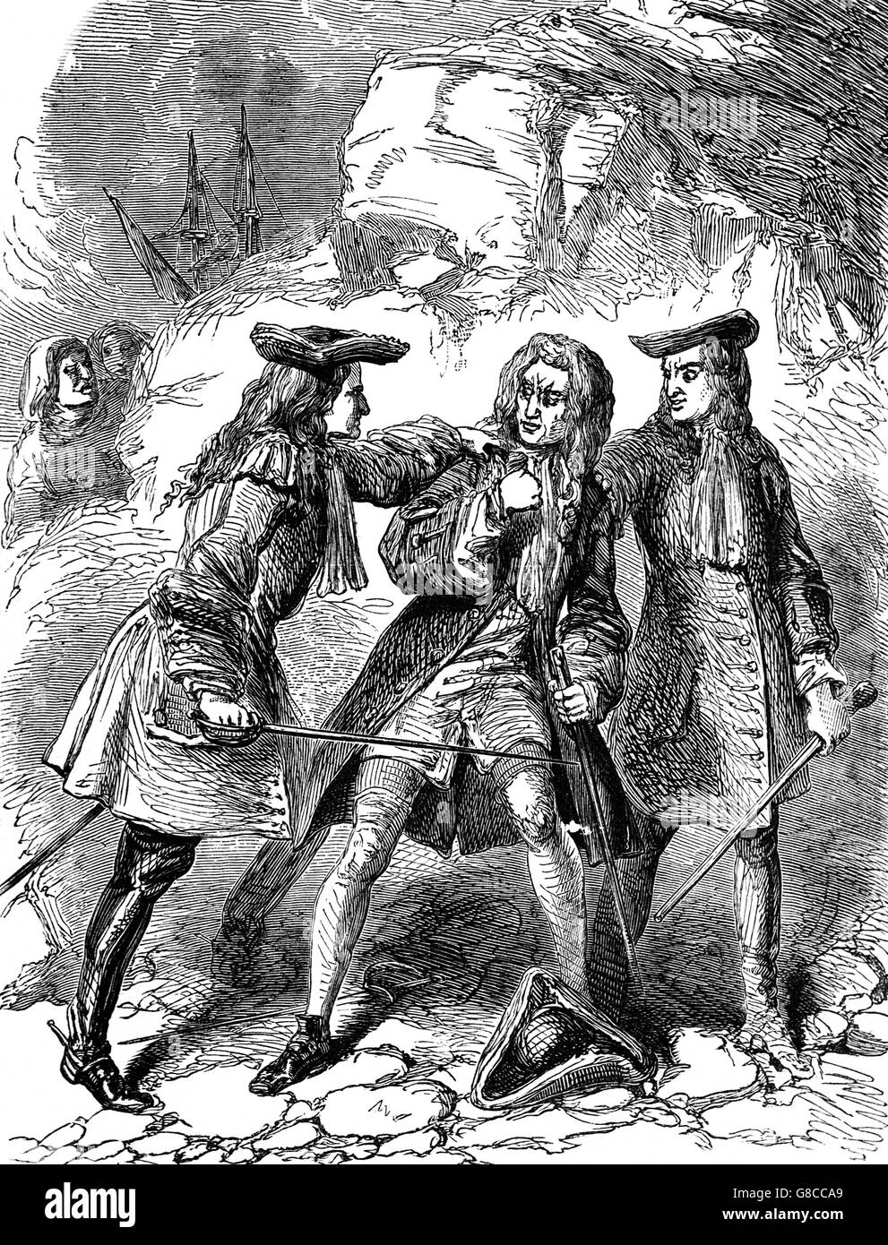 El arresto de sir John Fenwick, un inglés conspirador jacobita. Él comenzó a conspirar contra el nuevo rey y estaba implicado en planes para asesinar a William que salió a la luz en 1695 y 1696. Después de la convulsión de sus compañeros conspiradores, permaneció en la clandestinidad hasta la conducta imprudente de sus amigos en un intento de inducir a uno de los testigos condujo a su detención en junio de 1696. Foto de stock