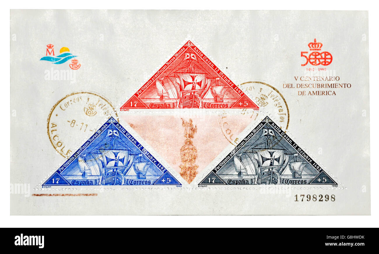 España circa 1992 un sello impreso en España, en conmemoración del V