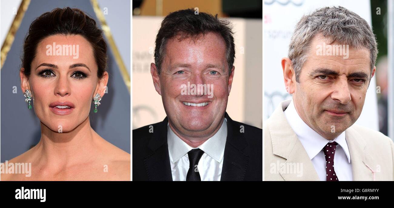 Fotos de archivo, de izquierda a derecha de, Jennifer Garner, Piers Morgan y Rowan Atkinson. Foto de stock
