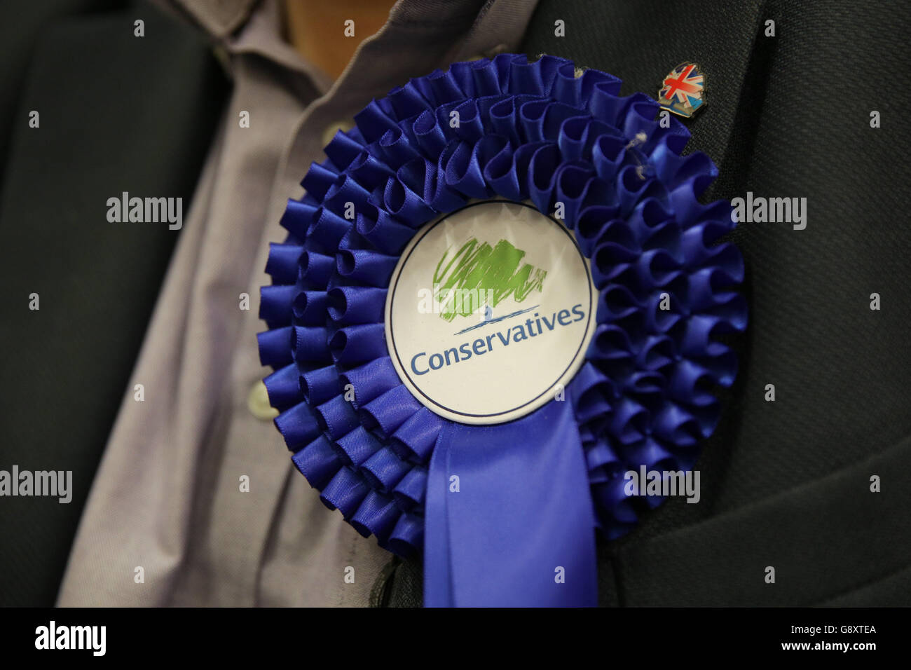 Una roseta conservadora se usa en apoyo del partido político durante el  conteo de las elecciones en el Latton Bush Center, Southern Way, Harlow,  Essex, ya que el conteo comienza en todo