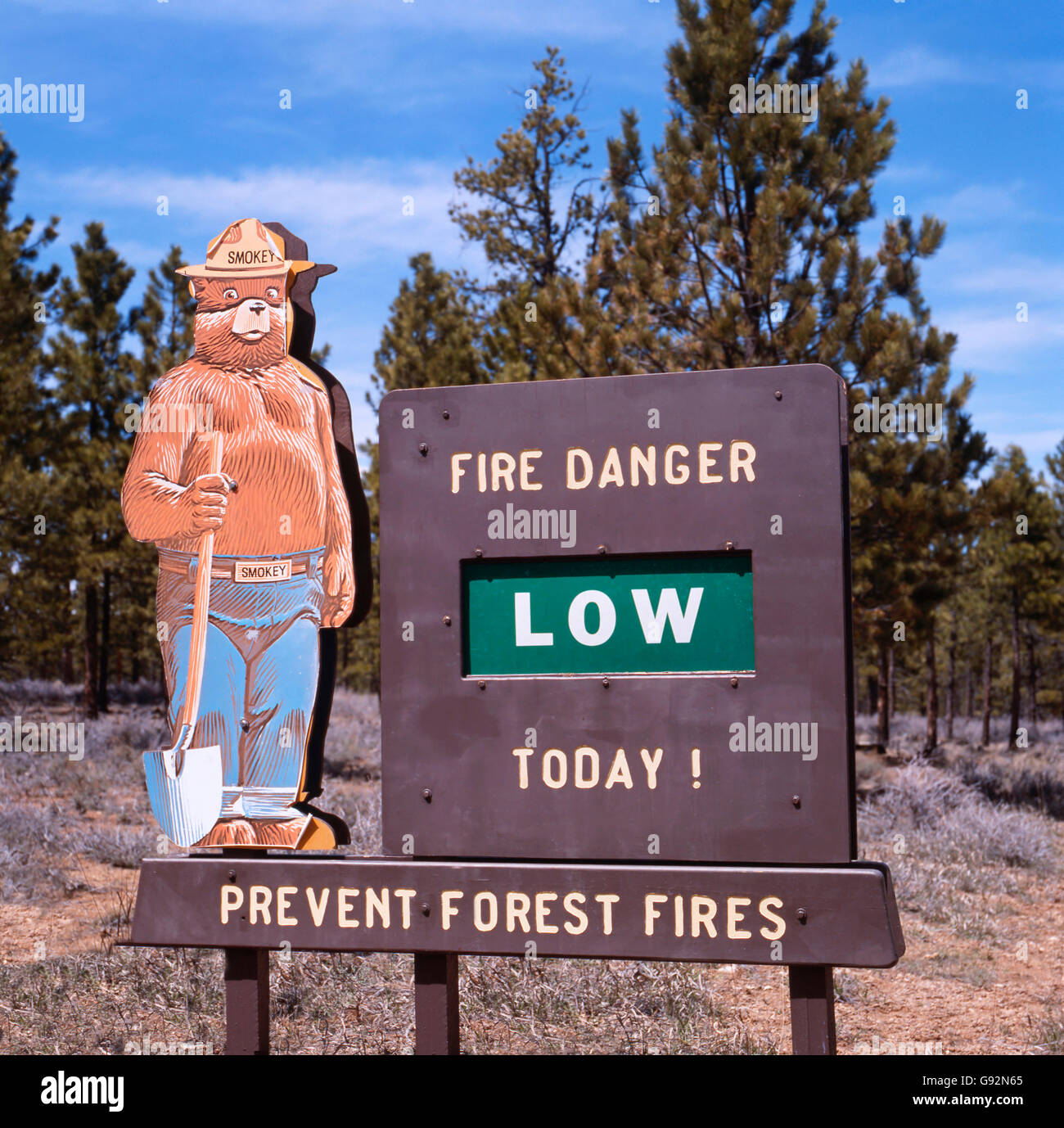 Smokey Bear vestido como un guardaparque en un Servicio Forestal prevenir incendios forestales Foto de stock