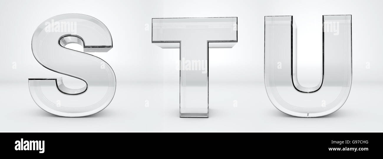 Letras de vidrio transparente S, T, U, representación 3d, sobre fondo blanco aislado Foto de stock
