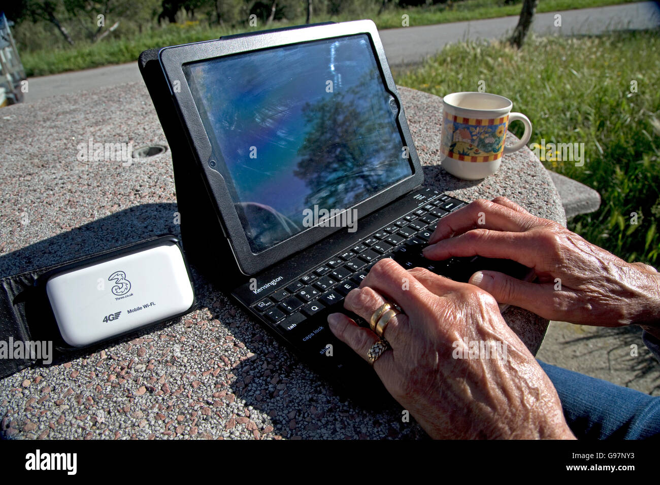 Mujer con iPad 4G móvil con sistema wifi en la zona de descanso en el país Francia Foto de stock