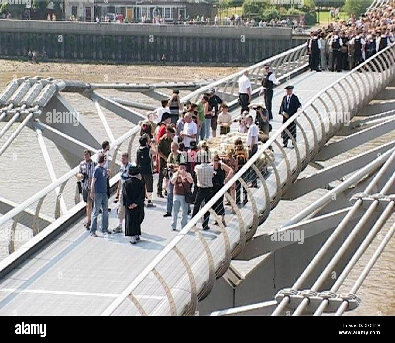 Ovejas ser herded cruzando el Puente del Milenio en Londres para celebrar el lanzamiento de la Bienal de Arquitectura de Londres, una celebración del edificio moderno de diseño. Foto de stock