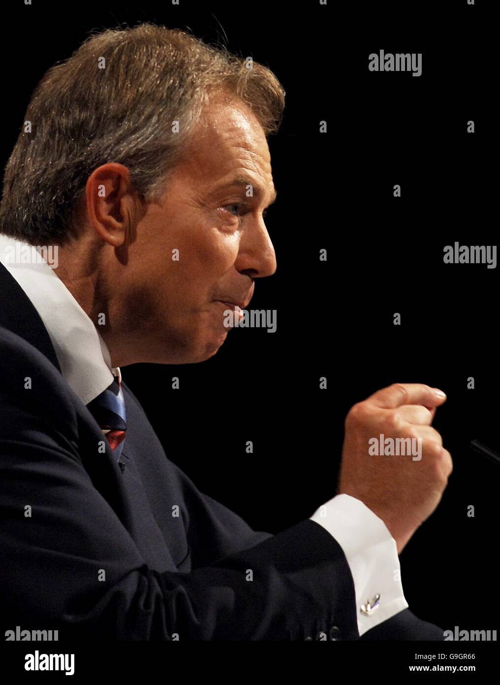 El primer Ministro Tony Blair hace su discurso ante los laboristas Conferencia de fiesta Foto de stock