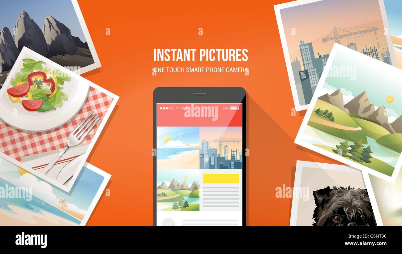 Las imágenes de la cámara en la aplicación smartphone con fotografías instantáneas de todo Ilustración del Vector