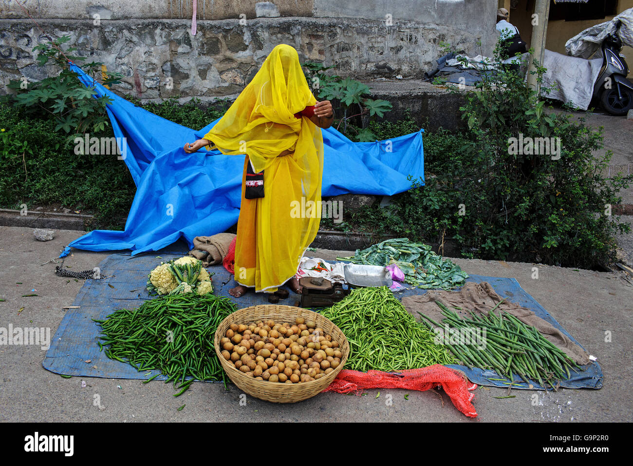 Una mujer Proveedor de verduras en el mercado semanal de Kamshet, India. Foto de stock