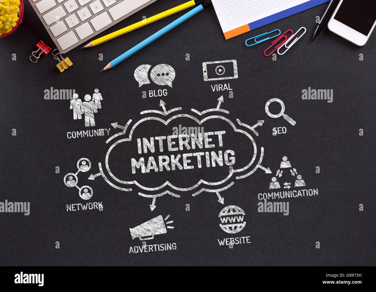 Internet Marketing gráfico con iconos y palabras clave en la pizarra Foto de stock
