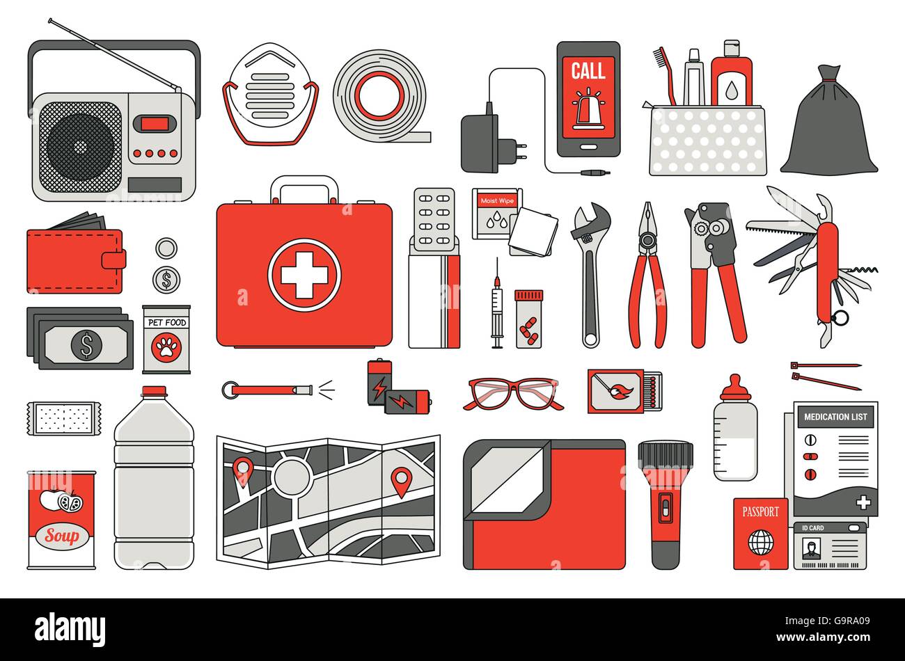 Supervivencia kit de emergencia para la evacuación, conjunto de objetos vectoriales sobre fondo blanco. Ilustración del Vector