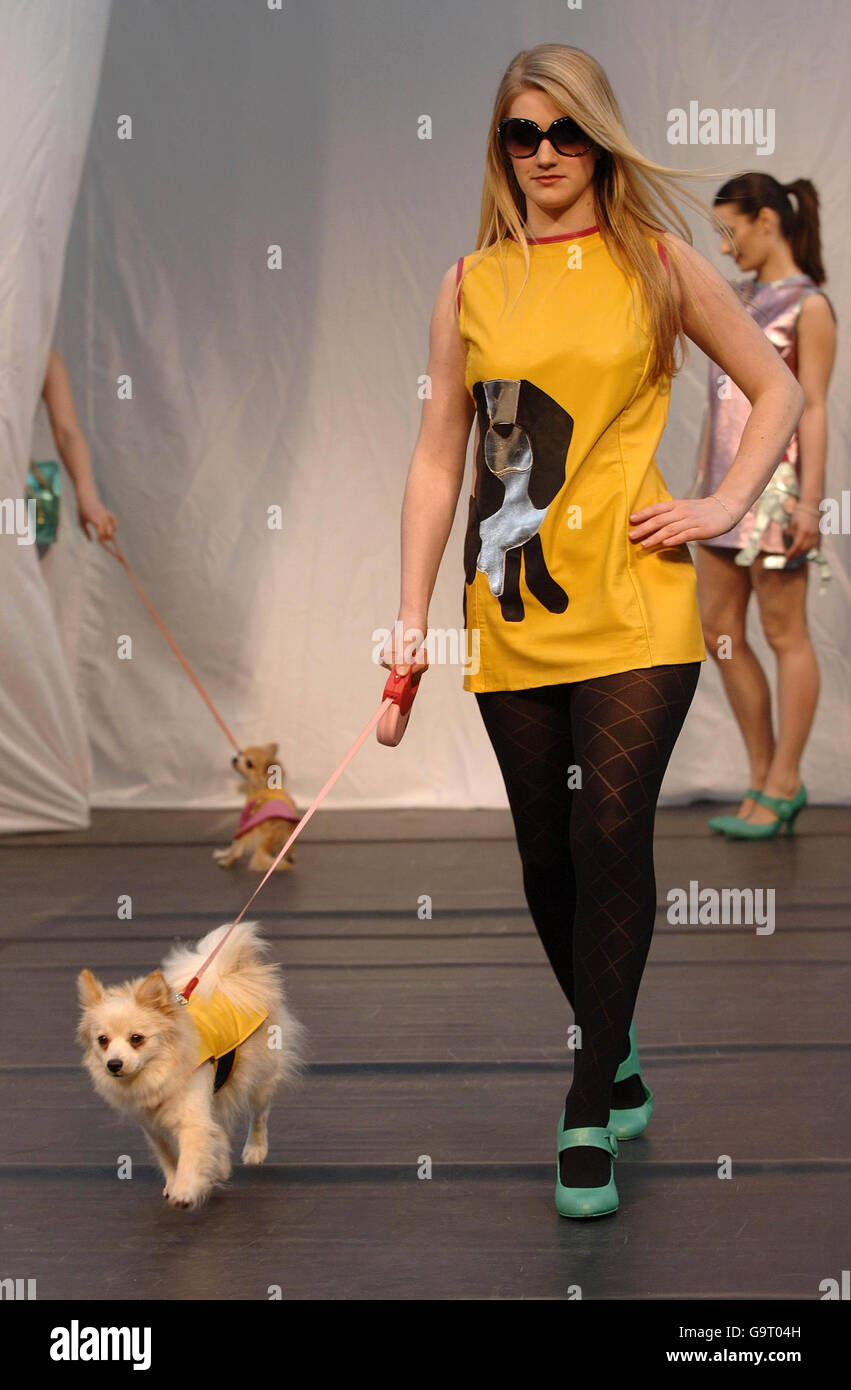 Un modelo que lleva ropa de la colección 'Paris Hilton Inspired' de  Victoria McBryde, camina con un perro durante la Swatch Alternative Fashion  Week en Spitalfields Traders Market en el este de