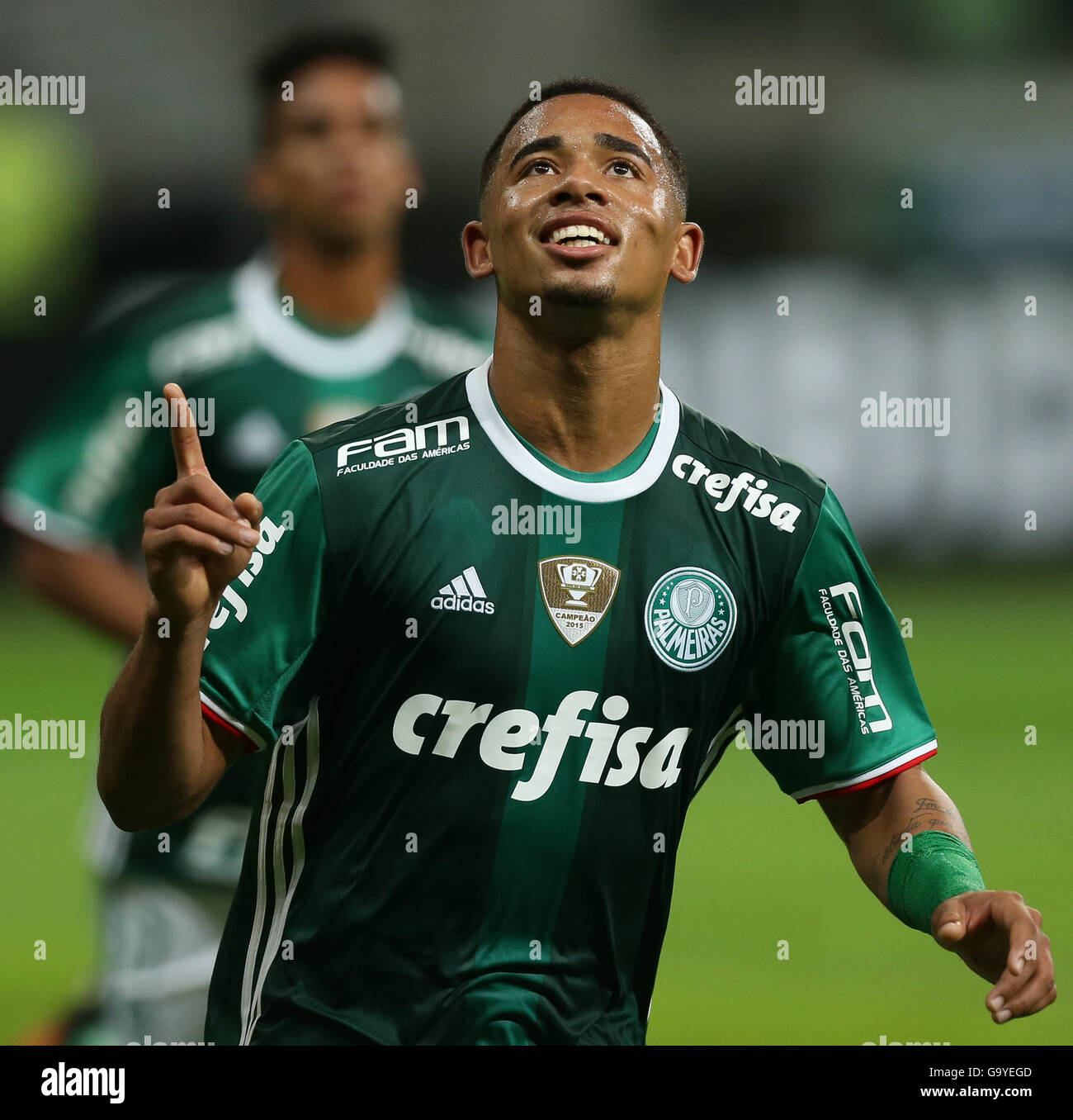 SAO PAULO, Brasil - 30/06/2016: PALM X FIGUEIRENSE - El jugador Gabriel  Jesús, SE Palmeiras, celebra su gol contra el Figueirense FC team durante  el match válido para la 12ª ronda del