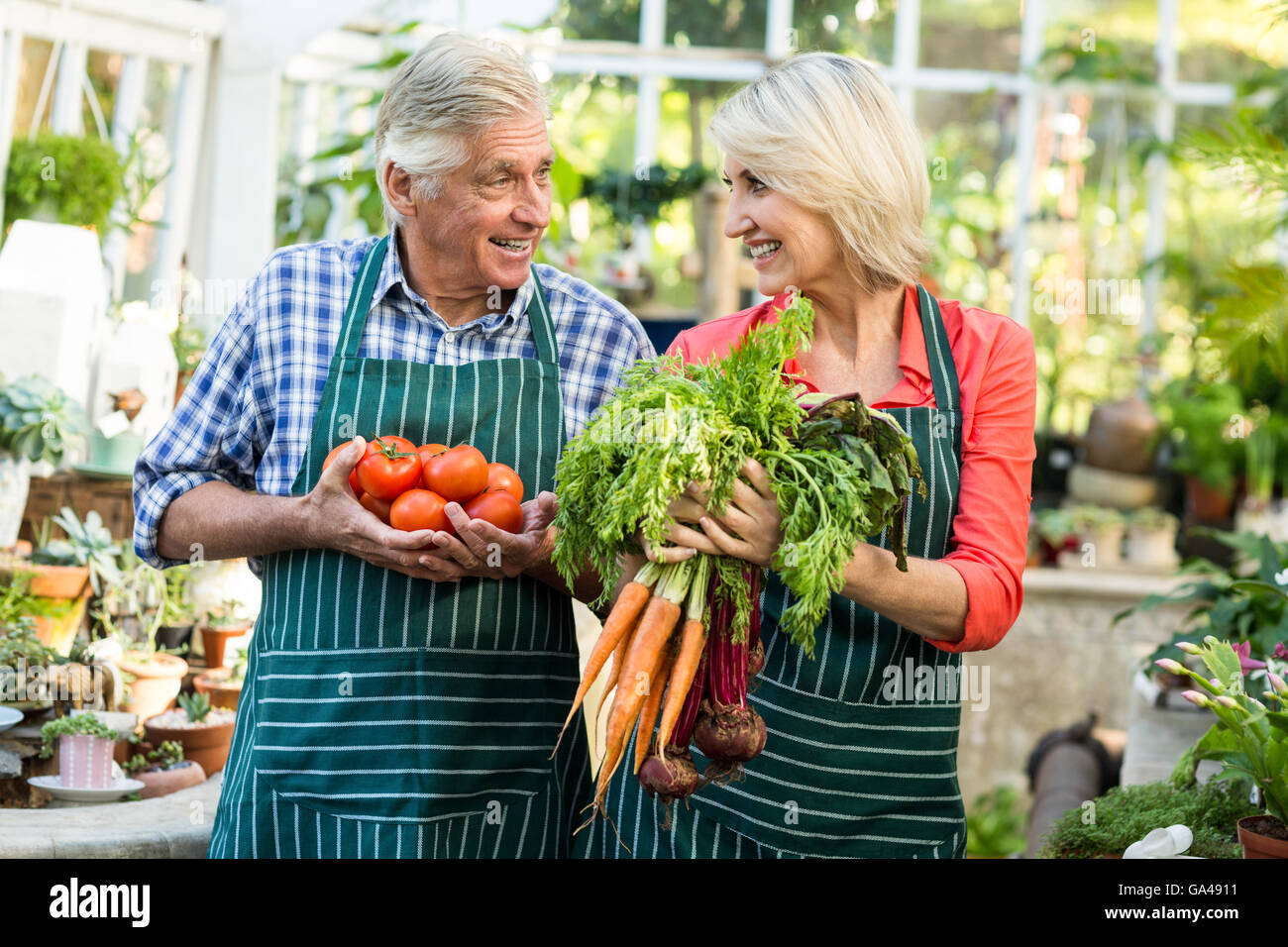 Los jardineros con verduras frescas en el greenhouse Foto de stock