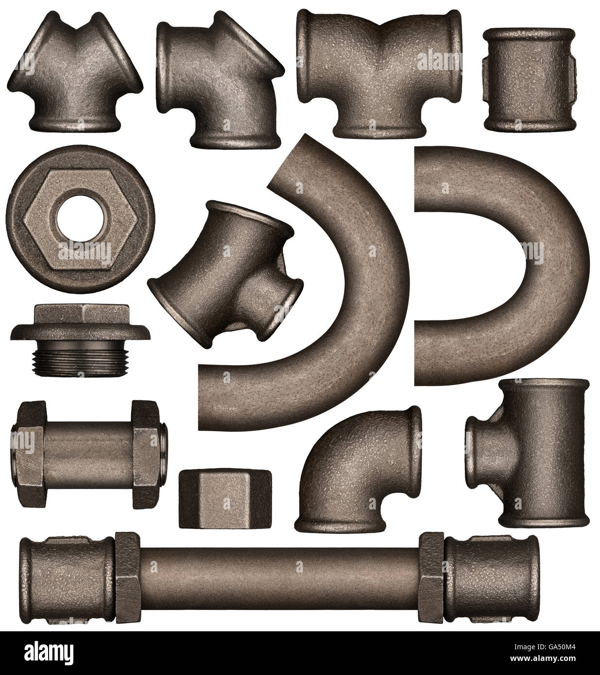 Tubos y tuberías de metal diversas articulaciones set adaptado para el boceto del diseño. Foto de stock