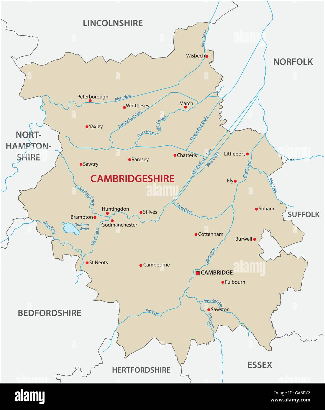 Mapa de vectores del condado de Cambridgeshire, Inglaterra Ilustración del Vector