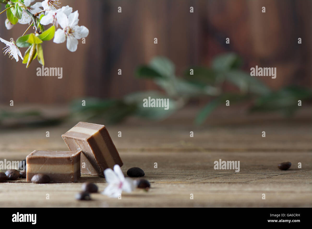 Bombón de chocolate, sobre mesa de madera rústica Foto de stock