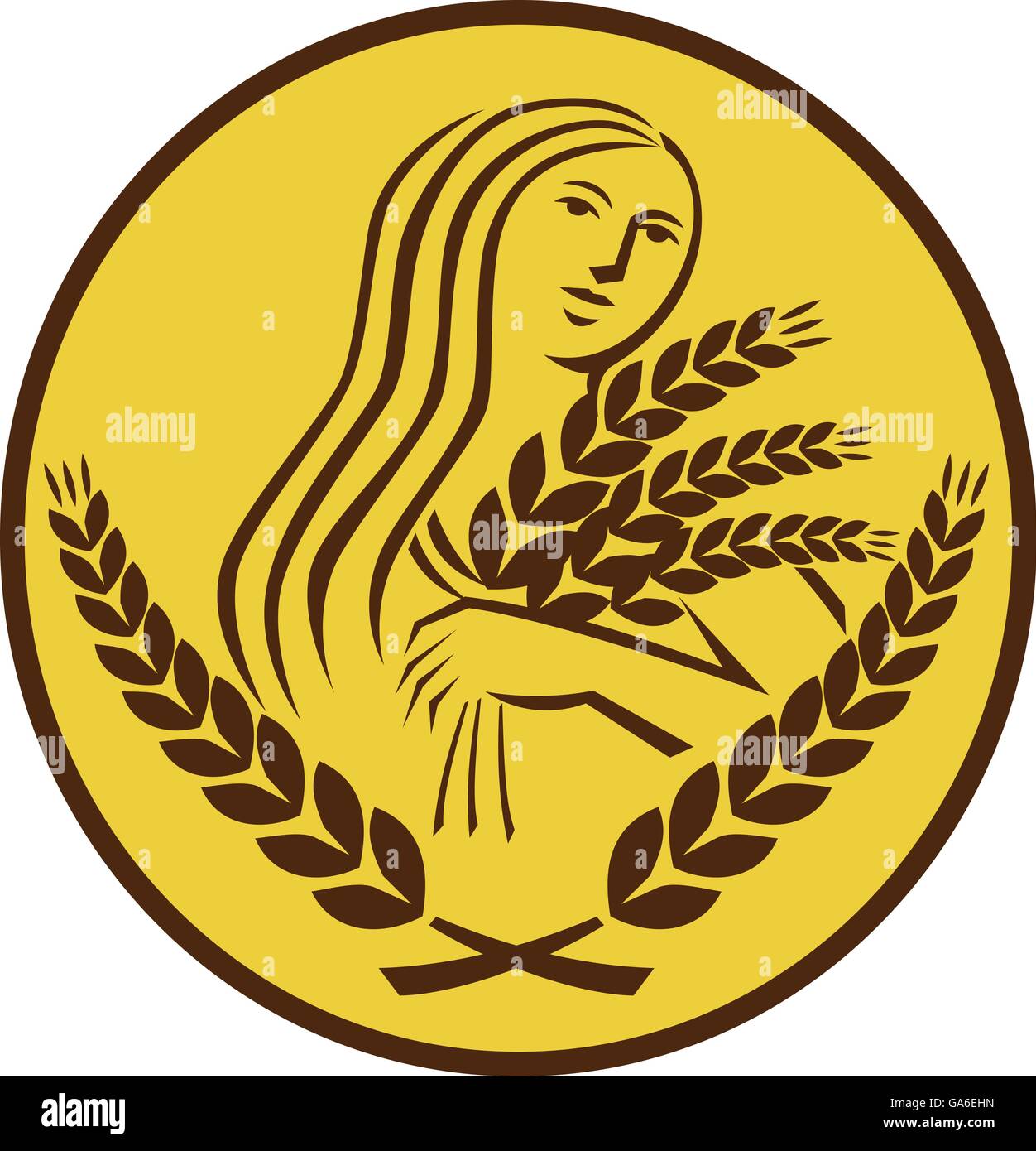 Ilustración mostrando Deméter, la diosa griega de la cosecha y la agricultura, quien presidió la celebración de la fertilidad y los granos de trigo en grano, visto desde la parte delantera dentro de forma oval sobre antecedentes aislados de este estilo retro. Ilustración del Vector