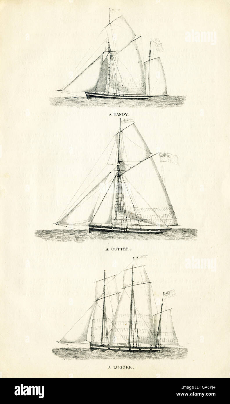 Estos tres barcos, de arriba a abajo: un dandy, un cortador y un lugger. La ilustración se remonta a la década de 1800. Foto de stock